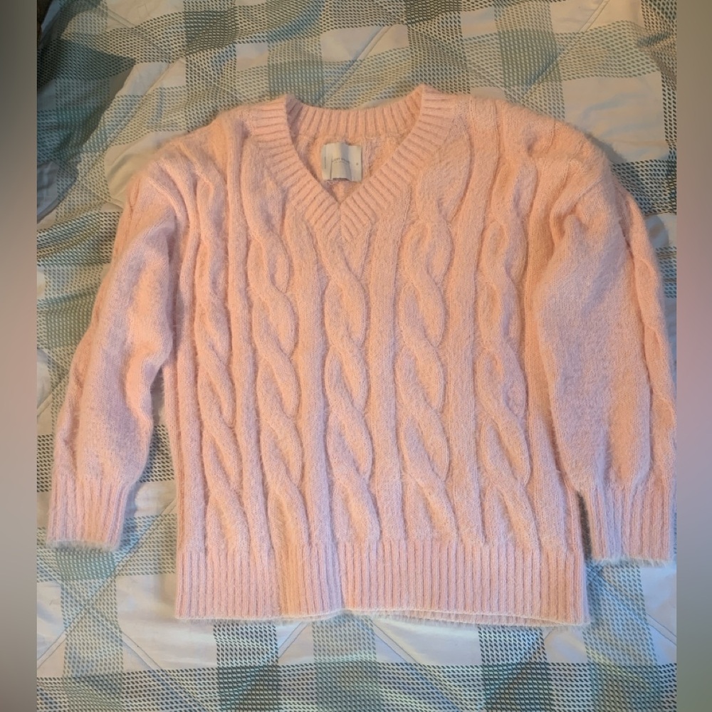 Lucky Brand V Neck Fuzzy Cableknit Sweater - Light Pink, Size Medium